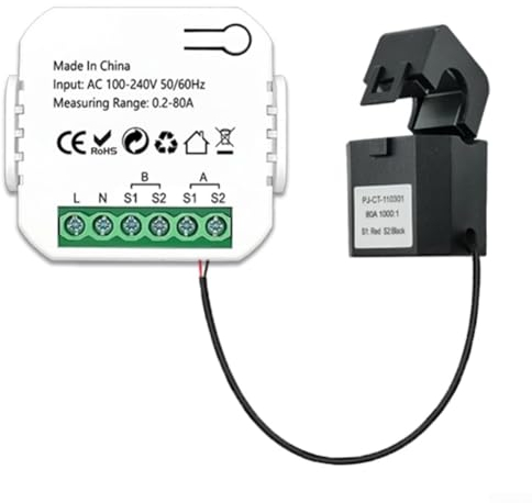 Oniissy 1- oder 2-Phasen-Smart-Home-Energiemonitor Echtzeit-Stromüberwachungszähler | ZigBee Energy KWH Meter Power Clamp Stromwandler Solar-/Netzmessung (Monitor mit 80A-Sensoren)(1 Channel)