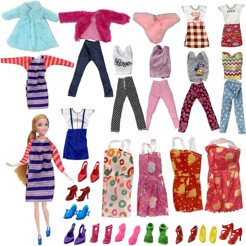 Puppen Kleidung Puppen Cothes Set, WKxinxuan 28 Stück Zufällige Puppen Kleidung Zubehör, 3 Plüsch Kleidung, 4 Kleid, 5 Hosen, 4 Strapsrock, 10 Schuhe, 4 Kurzarm-Top, Puppen Accessoires für Mädchen
