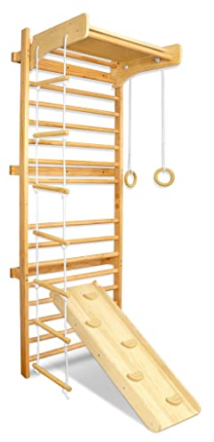 FIVMEN Espalier d'intérieur en bois - Avec échelle en corde, barre de traction et anneaux - Équipement de gymnastique pour enfants et adultes