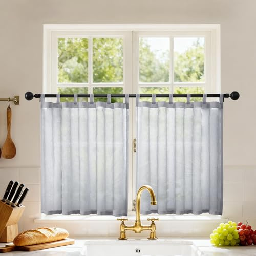 Joydeco Cortinas Cocina con Trabillas 2 Piezas, Cortinas Malla Translúcida Visillos Cortos de Media Altura para Ventanas Pequeñas de Salón Dormitorio Buhardilla, 90x60cm, Gris Azulado