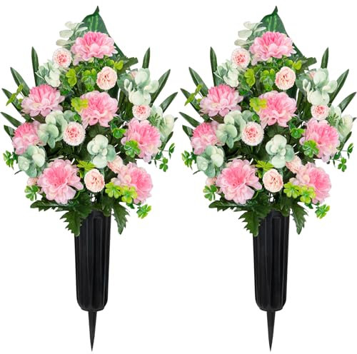 Velibobo Flores artificiales para tumbas, juego de 2 ramos de flores conmemorativas de cementerio, crisantemo funerario con jarrones para decoración de tumbas al aire libre (rosa)
