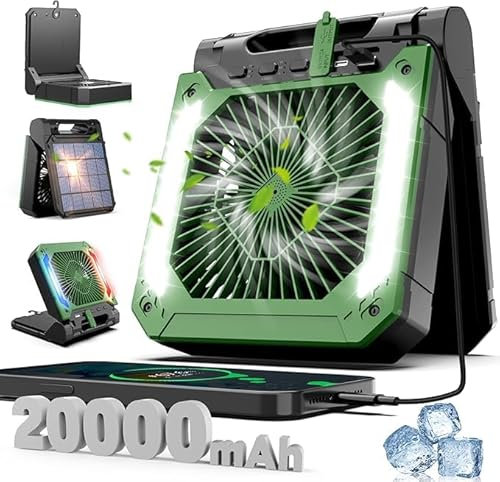 20000mAh Solar Camping Ventilator Akku mit LED Licht 3Geschwindigkeiten Tragbarer Tischventilator 90°Drehung Typ-C USB Ventilator Solar Camping Outdoor Solarventilator mit Timer für Zelt Reisen Angeln