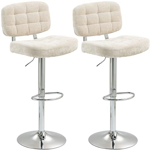 HOMCOM Lot de 2 tabourets de Bar, chaises de Bar pivotantes, Chaise Haute Cuisine avec Dossier, Hauteur réglable et Repose-Pieds, Cadre en Acier, Charge 120 Kg, Beige