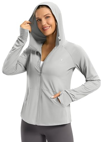 SANTINY Veste à capuche anti-UV UPF 50+ pour femme - Protection solaire - Fermeture éclair - Léger - SPF - Manches longues - Pour la randonnée, la course à pied, Gris pastel, Taille S
