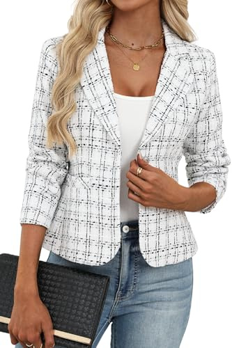 ELLEVEN Womens Blazer Business Casual Suit Jackets Tweed Blazers for Women Slim Fit Fitted Outfits Long Sleeve Stand Collar Blazer Dressy Coat Cardigan with Padded Shoulder White Medium