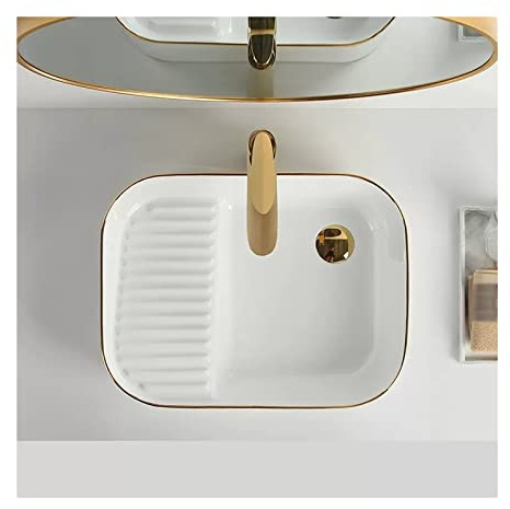 Lavabo sobre Encimera- Fregadero de cerámica de porcelana blanca, lavabo rectangular for baño sobre encimera, fregadero de porcelana, recipiente for baño, lavabo de tocador, lavabo artístico con desag