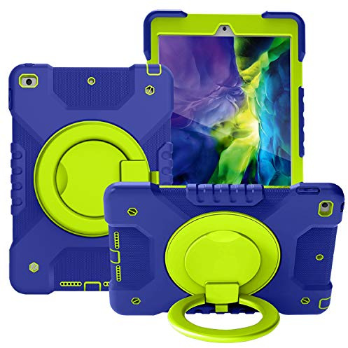 Resa med surfplatta Tablet Väska till iPad 10.2 2019/2020, Barn Slitstarkt stötskyddat skyddskåpa, med vikhandtag, roterande kickstand, bär axelrem Surfplatta skydd(Navy blue+grass green)