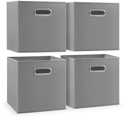 woodluv Storage Cube Boxes Medium, Set of 4 Foldable Storage Basket for Cupboards, Shelves, Closet, Set of 4, Grey, 30 x 30 x 30 cm