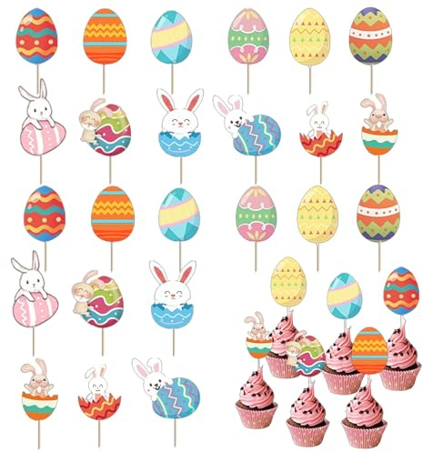 24 Decorazioni per Cupcake Pasquali con Uova Colorate e Coniglietti in Carta, Accessori per Festa di Pasqua, Perfetti per Torte e Dolci, Senza Assemblaggio, Ideale per Feste e Compleanni
