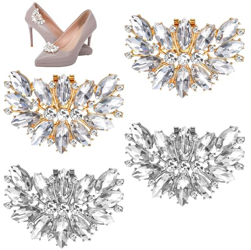 4 clip per scarpe in argento con strass e cristalli, per scarpe rimovibili, accessori per scarpe da donna, con tacchi alti, scarpe da sposa, per feste di matrimonio (argento, oro)
