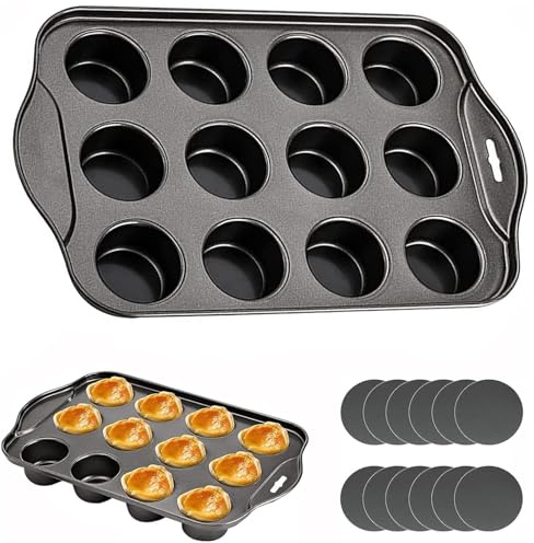 12 Cup Non-Stick Loose Bases Mini Sandwich Tin Baking Tray Carbon Steel Cupcake Mini Cheesecake Mould Non Stick Coating Muffin Pan Reusable Removable Bottom Bakeware Dishwasher Safe 33x21x4cm, Black