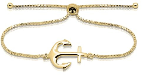 Hoops & Loops 925 Sterling Silver Sailor Anchor High Polished Hypoallergenic Anti-Tarnish Adjustable Bracelet for Women Men Teen Girls, Yellow Gold