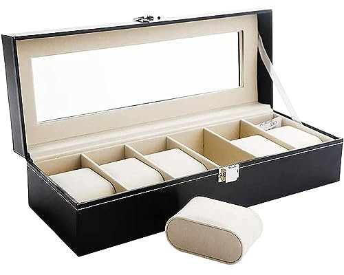 Uten Watch Box 6 Slots, Watch Case with Glass Lid, Watch Display Storage Box for Men and Women, Removable Watch Pillows, Metal Clasp, Black Synthetic Leather, Beige Velvet Lining, Gift Idea