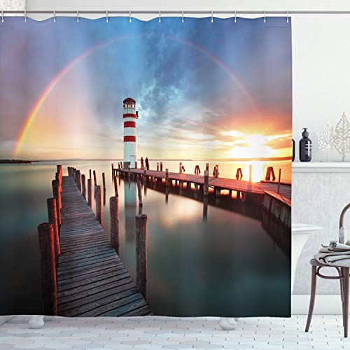 ABAKUHAUS Duschvorhang, Klares Wetter Sonnenbogen un Untergang an Einen Leuchtturm Hinwegprallen Druck, Blickdicht aus Stoff mit 12 Ringen Waschbar Langhaltig Hochwertig, 175 X 200 cm, Lila Blau Teal