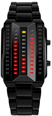 FeiWen Unisex Mode Binär Schwarz Edelstahl Digitales Uhren Gelb und Rot LED Licht Einzigartig Platz Wählen Lässig Armbanduhren (Herren)
