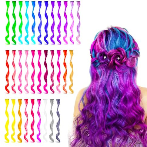 BEAHOT 32 PCS Clip in Colored Hair Extensions, 16-21Inch Long Curly Wavy Hairpieces Synthetic, Hair Extensions-Pretty Gift for Cosplay Dress Up Fashion Party