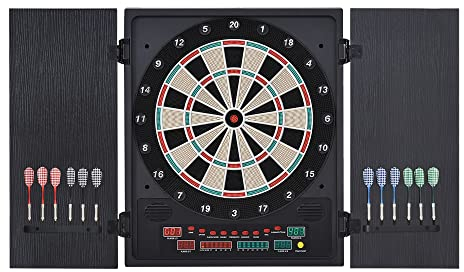 HOMCOM Elektronische Dart-Set Dartboard Dartscheibe mit automatischer Wertung Soundeffekte 12 Darts 27 Spiele und 202 Trefferoptionen für 8 Spieler Schwarz+Weiß 51 x 6,5 x 57 cm