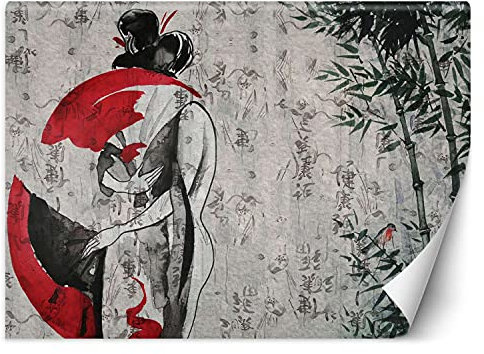 Feeby Carta Da Parati Femmina Bambù Struttura 350x245 cm rosso Fotomurale Tessuto Non Tessuto Per Casa Ufficio Camera Da Letto Gabinetto Soggiorno Kanji Geisha Giappone