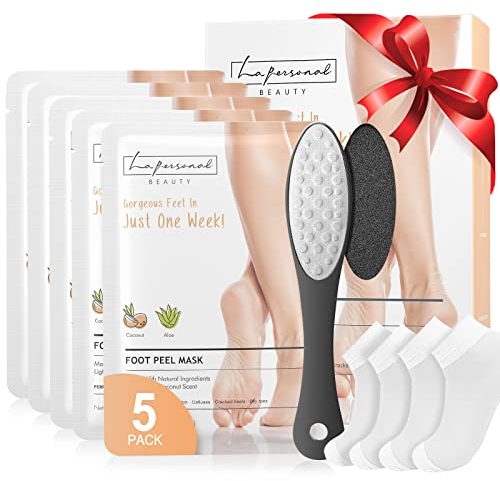 Fußmaske 5 Paar, LA.PERSONAL Fußpeeling Maske Hornhaut, Fussmaske Peeling Set mit Fußfeile & Fussmaskensocken, Für Weiche Füße, Entfernung Schwielen & Abgestorbener, Repariert Rissige Fersen