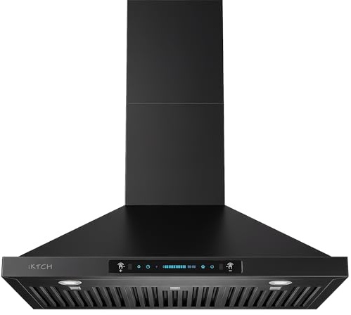 IKTCH 36 inch Black Wall Mount Range Hood, 900 CFM Ducted/Ductless Stainless Steel Vent Hood with Gesture Sensing & Touch Control Switch Panel, 2 Pcs Adjustable Lights