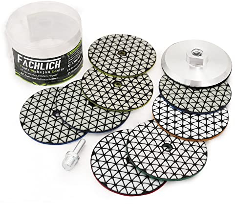 FACHLICH Diamant Polierscheibe Trockene Diamant Polier Auflagen 9 Stk. Durchmesser 4 Zoll/100mm Mischen Streugut und Aluminium Pad-Befestigung für Granit Marmor Stein