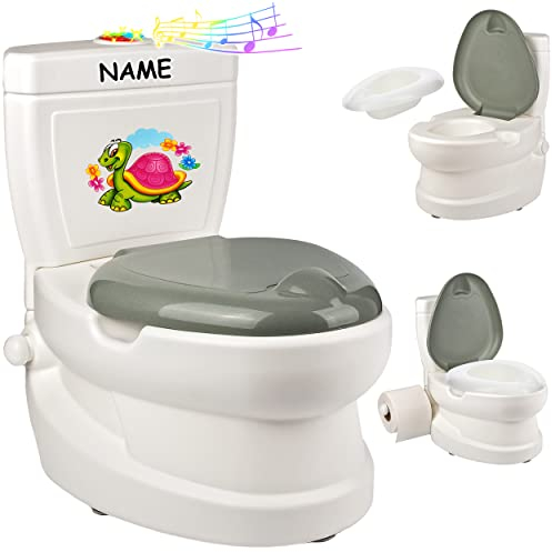 alles-meine.de GmbH Kindertoilette/Töpfchen Spülgeräusch + Licht Schildkröte - inkl. Name mit Wasserspülung Sound - Nachttopf/Babytopf - mit Deckel - weiß - Musik - TOI..