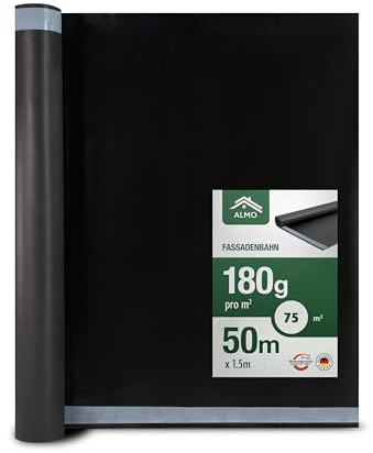ALMO schwarze UV Fassadenbahn 75m² (1,5 x 50m), 180g/m², Diffusionsoffen, Brandklasse B, Hitzebeständig bis zu 100°C, dauerhaft UV-beständig mit integrierter Selbstklebenaht (1,5m x 50m)