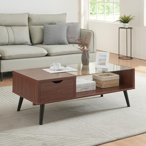 [en.casa] Soffbord Markaryd vardagsrumsbord med förvaringsutrymme i valnöt utseende glasplatta soffbord med låda rektangulär 110 x 50 x 40 cm
