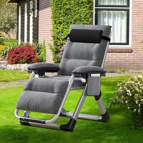 Ryuhic Chaise longue robuste réglable zéro gravité, coussin, appuie-tête et poche, support 200 kg, chaises inclinables pliables extérieur/intérieur