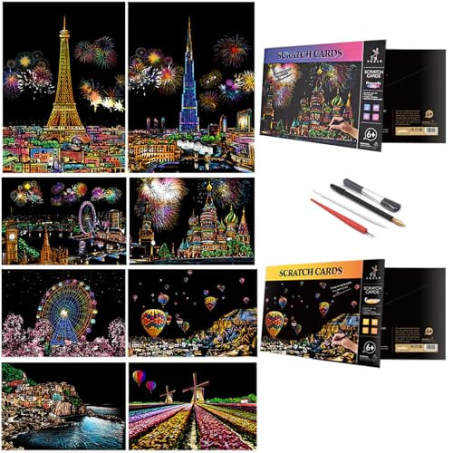 Kratzmalerei & Kratzkarten A4 für Kinder & Erwachsene, 8 Stück Kratzkunst für Erwachsene Regenbogen-Kratzpapier, Gravur-Kunstset- (Europäischer Stil & Moskau)