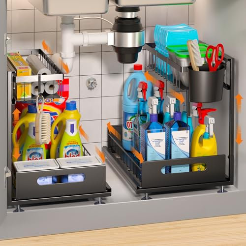 Under Sink Storage Kitchen Organiser Metal, 2-Tier Pull Out Cleaning Cupboard Organiser with Hanging Cup, Sliding Shelf Adjustable Under Sink Rack for Bathroom Cabinet Countertop Laundry