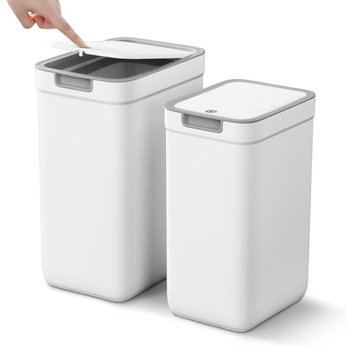 MOPALL 2 Pack Bathroom Trash Can with Lid, 3.6Gal + 2.4Gal Garbage Can with Pop-Up Lid, Small Trash Can Dog Proof, Slim Trash Bin Waste Basket for Toilet, Office, Bedroom, Living Room, Kitchen (White)