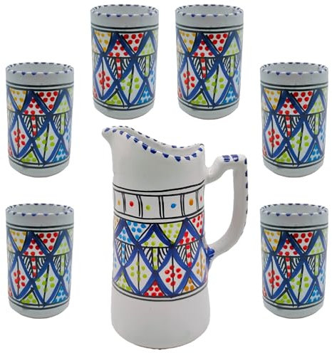 Set Brocca 1 Lt e Bicchieri 200 ml in Ceramica Artigianale Tunisina Dipinti a Mano 1512241101 Marocco Tunisia Etnico del Mondo