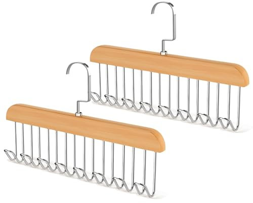 Belt Hanger for Closet,2 Pack Wooden Sturdy 8-Hook Belt Holder with 360° Rotating Hooks,Space-Saving Tie Rack for Belt,Tie,Scarf,Bra,Tank Top Accessories 28CM/11 INCH