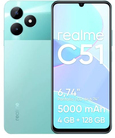 realme C51 Smartphone 4+128GB, Celular 4G, Dual SIM, Cámara AI de 50MP, Pantalla 6.74 Pulgadas 90Hz, Batería masiva de 5000mAh, NFC, Verde, sin Adaptador