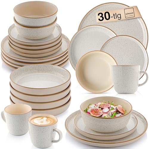SÄNGER Rio Creme | Kombiservice 6 Personen, Teller Set Kaffeebecher Pastaschale 30 tlg, Steingut Geschirr Set spülmaschinen- mikrowellen- kratzfest, Geschirrset aus Steingut, creme | VALUE COLLECTION