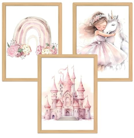 Zamety Bilder barnrum dekoration, barnrum dekoration flicka prinsessa | Enhörning slott och regnbåge, rosa 3-delat set affisch 30 x 40, väggbilder rosa för små flickor, utan ram
