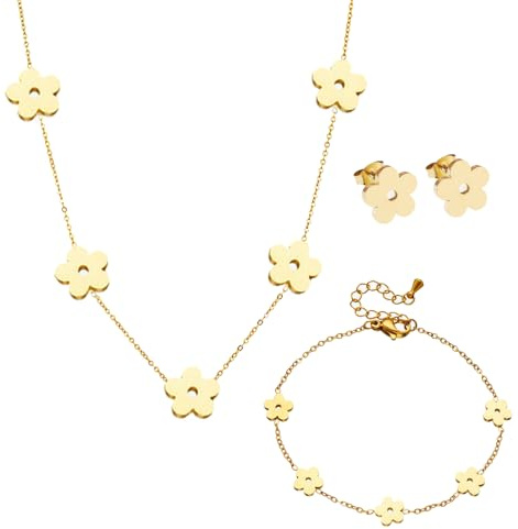 XFSRG Ensemble de Bijoux Fleurs pour Femme Fille Plaqué Or 18 Carats Collier Boucles D'oreilles Bracelet Set Délicat Acier Inoxydable Parure Bijoux(Or #2)