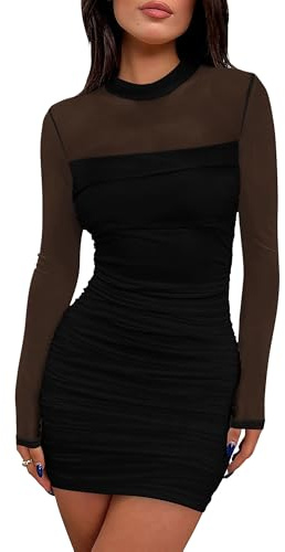 WIHOLL Womens Mesh Sheer Long Sleeve Ruched Mini Dress Fall Sexy Bodycon Little Short Mock Neck Date Night Outfits Holiday Formal Cocktail Party Club HOCO Dresses 2025 Black L