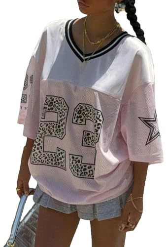 LYSINK Womens Oversized Jersey T-Shirt Y2k V-Neck Loose Fit Number Graphic Tee Shirt Casual Football Jersesy Baggy Tops (07Pink 23, M)