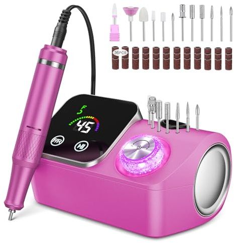 Urbuti Fresa per Unghie Professionale 45000 giri,12 testine di levigatura,Display LCD touch control,Manopola in cristallo,Lima per unghie portatile per unghie in acrilico e gel (Rosa rossa)