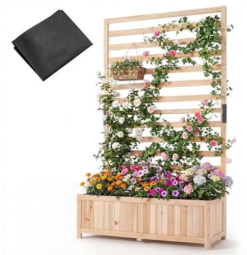 HOMASIS Pflanzkübel mit Rankgitter, Blumenkasten mit Spalier, Pflanzkasten aus Massivholz, Hochbeet Pflanzgefäß Rankkasten Gartenspalier Rankhilfe für Balkon Garten Terrasse (Natur, 90x35x150cm)