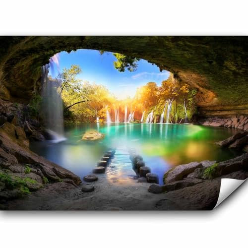 murando - Papier Peint Panoramique Adhésif Paysage 294x210 cm - Tapisserie Murale Autocollante Décoration - Beige vert bleu turquoise - Arbres pierre coloré paysage eau cascade c-A-0127-a-a