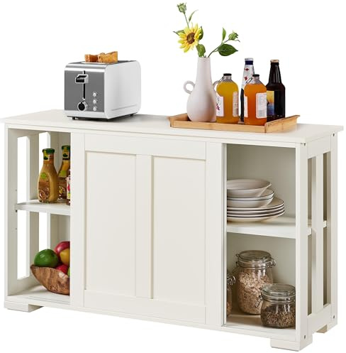 Yaheetech Aparador Armario de Cocina Aparador para Salon con Puerta Corredera Vitrinas de Estrecho para Salón Sala de Estar 107 x 33 x 63.5 cm Blanco Marfil