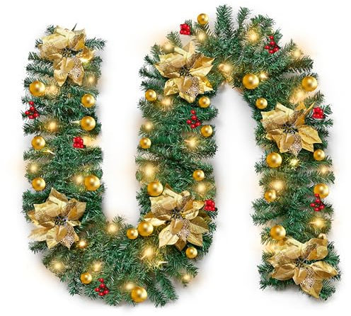 Christmas Garland with Lighting Decoration, 9Ft/2.7M Decorated Garlands with Flower Ball for Stairs Fireplace Wall Door Xmas Tree Garden Yard Outdoor Indoor Decor (Gold)