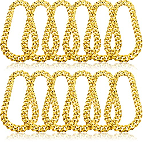 Jexine 12 Pcs 80s 90s Costume Rapper Chain, Hip Hop Chain Bulk Fake Necklace for Cosplay Men Women Halloween Punk, 32 Inch(Gold)