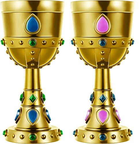 Suclain 2 Pcs Medieval Molded Crown Goblets 8 oz Gold Jeweled chalice Vintage Plastic Goblet King Queen Party Chalice Medieval Party Decorations for Carnival Drinking Supplies