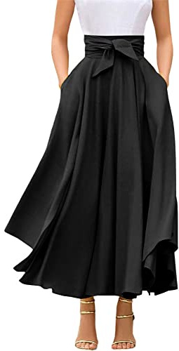 chouyatou Women's Elegant High Waisted Side Slit Irregular Bohemian Maxi Skirt with Pockets (Large, Black)
