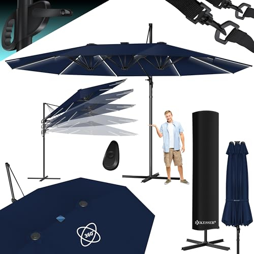 KESSER® Sonnenschirm Doppelsonnenschirm 4,6m x 2,7m | Ampelschirm Abdeckung & Ständer | Kurbelschirm Aluminium wasserabweisend | Neigbar Kippbar 360° Drehbar Navyblau