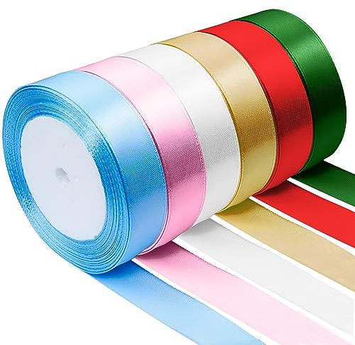 Cokeesun 6 Rolls Satin Ribbon 2cm, 22m/Roll Colors Gift Wrapping Ribbons, Fabric Polyester Ribbon for Crafting Wedding Hair Bows Cake Decoration (Green Red Light Blue Champagne Gold Pink White)